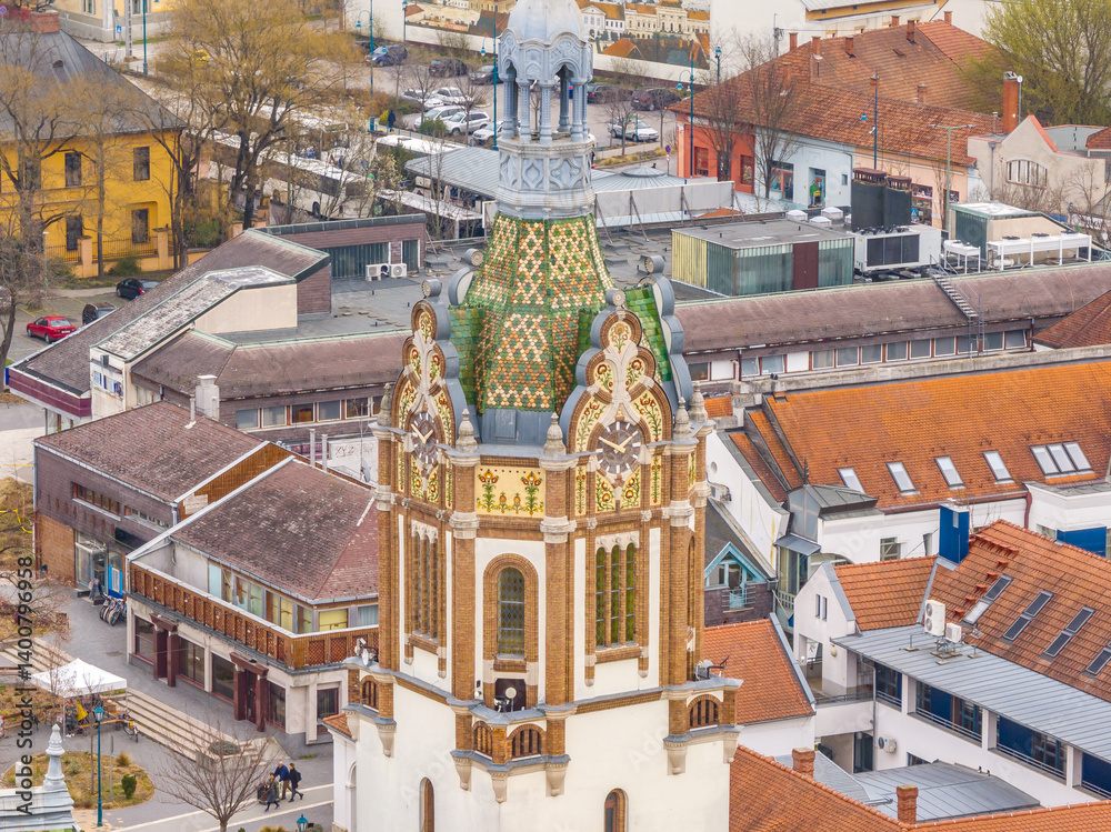 Aerial view of Kiskunfelegyhaza Art Nouveau city hall tower covered with Zsolnay ceramics