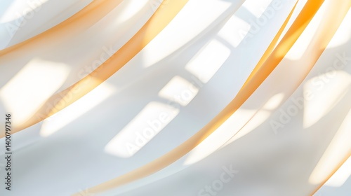 Sunlight streams through sheer curtains creating soft light and shadow patterns on flowing fabric.
