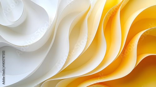 Abstract swirling paper background in white and yellow gradient hues creating a dynamic texture.