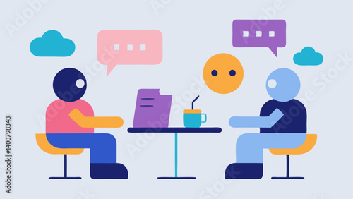 Collaboration with AI A user and an AI character sitting together at a table brainstorming outfits for a specific event with illustrated options floating around them.