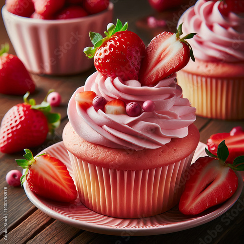 Delicious Strawberry Cupcake with Pink Frosting and Fresh Fruit Topping