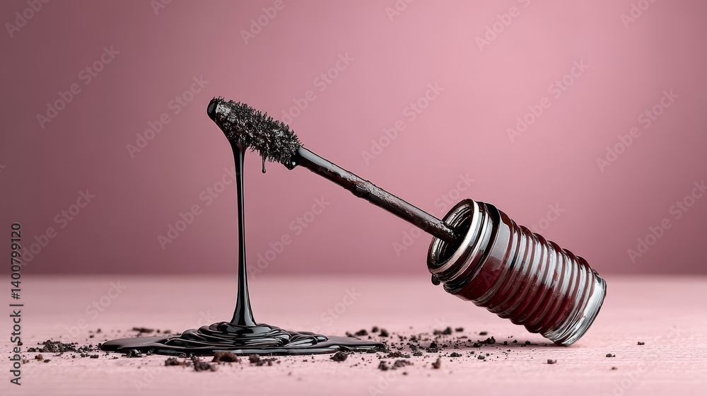 Sustainable mascara leaking onto pink surface as metaphor for cosmetic pollution and ethical consumption