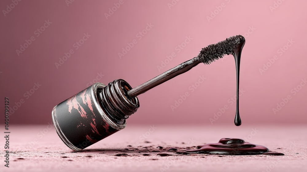 Dripping mascara wand resembling oil spill for campaign on sustainable beauty and environmental awareness