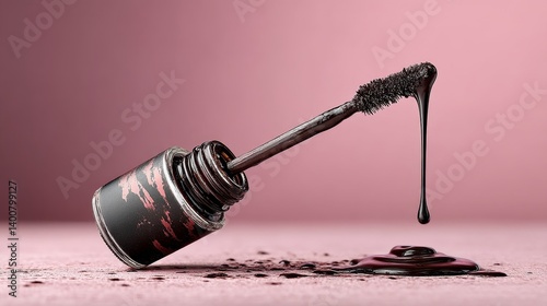 Obraz na płótnie Dripping mascara wand resembling oil spill for campaign on sustainable beauty and environmental awareness w salonie