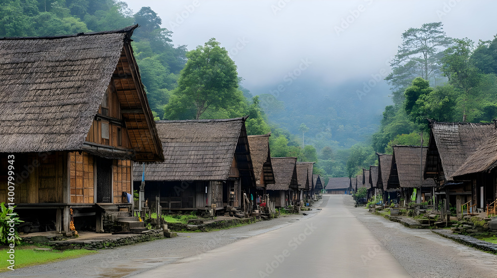 Rural Village With Traditional Thatched Roof Houses Along Gray Road Surrounded By Dense Green Forest in Sunny Day