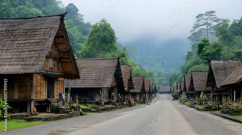 Obraz na płótnie Rural Village With Traditional Thatched Roof Houses Along Gray Road Surrounded By Dense Green Forest in Sunny Day w salonie