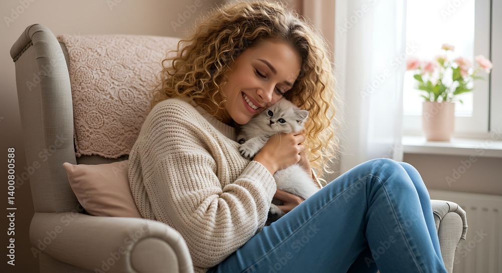 Obraz premium young woman at home on the couch petting a kitten