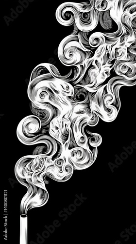 Elegant swirling smoke from cigarette drawn in intricate white linework, stylized graphic tattoo illustration on black background for posters and vintage design