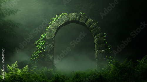 A ruined stone archway leading into a dark forest, with fog swirling around the ancient stones.

 photo