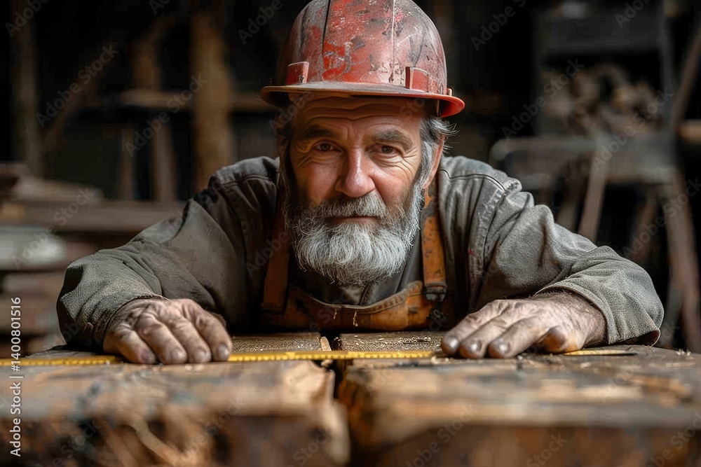 Skilled carpenter measuring wood in a rustic workshop during daylight hours Skilled carpenter measuring wood in a rustic workshop during daylight hours