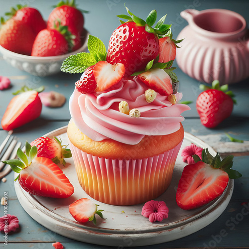 Delicious Strawberry Cupcake with Pink Frosting and Fresh Fruit Topping