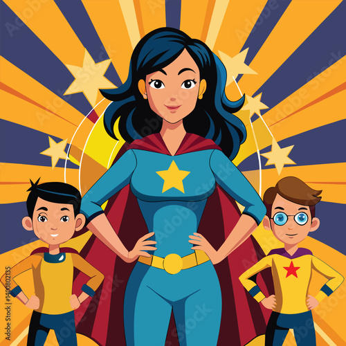 supermom with cape and children in comic style
