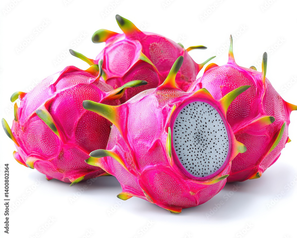 Image of Fresh Vibrant Dragon Fruits on Isolated White Background with Cut Section Revealing Inner Texture