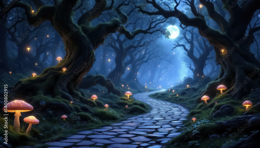 Fantasy forest at night, magic lights and walkway in dark fairytale wood