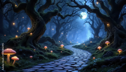 Obraz na płótnie Fantasy forest at night, magic lights and walkway in dark fairytale wood w salonie