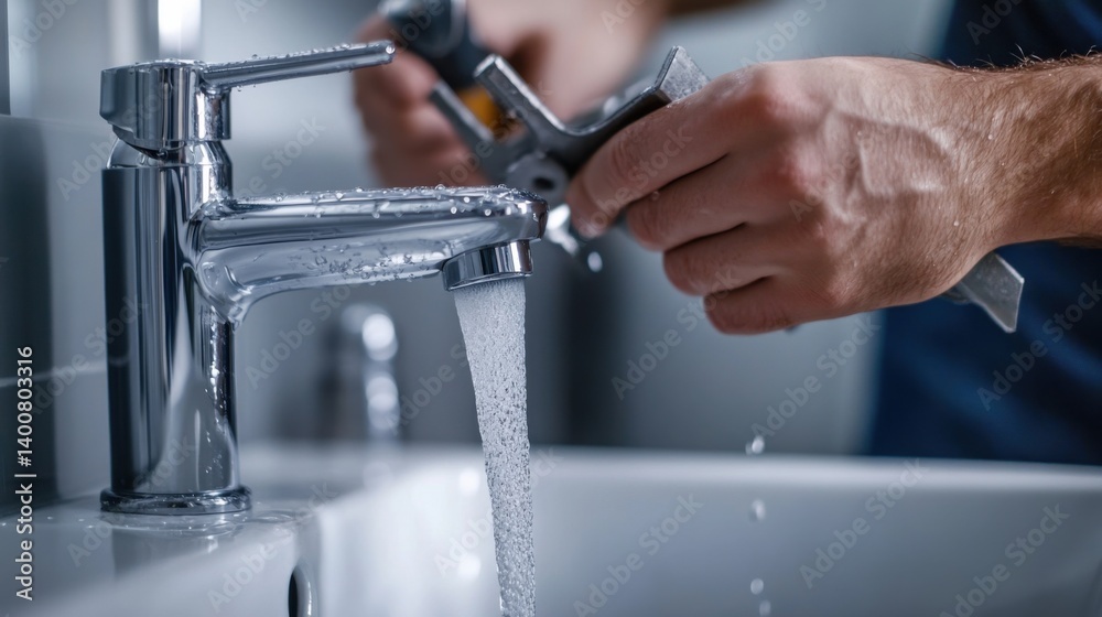 Plumber repairing a leaky faucet in a bathroom sink. Featuring precision and water conservation