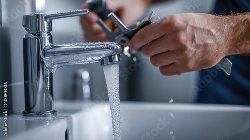 Obraz na płótnie Plumber repairing a leaky faucet in a bathroom sink. Featuring precision and water conservation w salonie