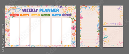 Cute set of printable weekly or daily planner with cute crayons scribbles, note paper design, school timetable, template and to do list with doodle drawings and pencils. Vector children illustration
