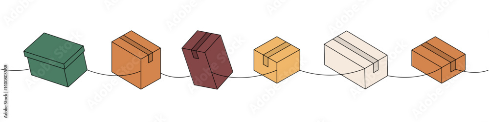Fototapeta premium Present boxes one line colored continuous drawing. Cardboard boxes. Vector illustration.