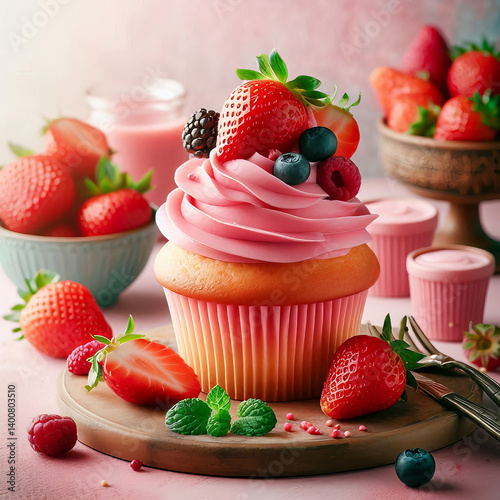 Delicious Strawberry Cupcake with Pink Frosting and Fresh Fruit Topping