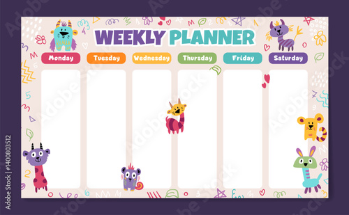 Weekly planner, back to school timetable template with cute kind monster dinosaurs. Kids schedule design template. Vector children flat illustration