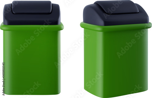 Green garbage basket in 3d realistic glossy soft style. Cartoon vector illustrator.