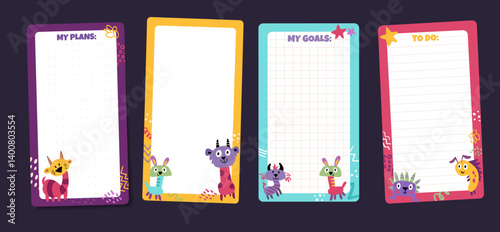 Memo Notes Set with To do list and My plans papers for children and kid printable stationery. Colorful planner stickers with cute kind monsters. Vector Flat Illustration