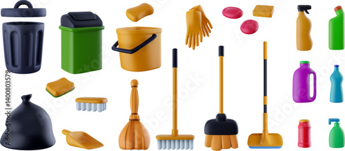 Cartoon 3d household equipment, cleaning products for kitchen or bathroom in bright realistic style. Set of glossy vector elements. Garbage basket, soap, broom, gloves, container, sponge, bucket.