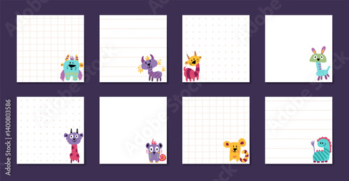 Memo Notes Set with To do list and My plans papers for children and kid printable stationery. Colorful planner stickers with cute kind monsters. Vector Flat Illustration