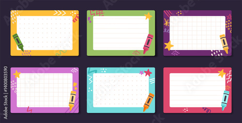 Memo Notes Set with To do list and My plans papers for children and kid printable stationery. Colorful planner stickers with cute kind monsters. Vector Flat Illustration