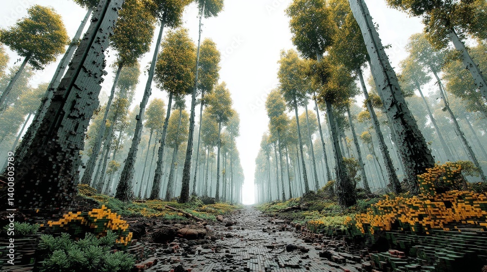 Digitally rendered pixel forest merging nature and code for concepts in virtual ecology and simulation theory
