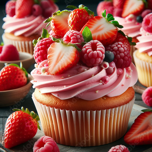 Delicious Strawberry Cupcake with Pink Frosting and Fresh Fruit Topping