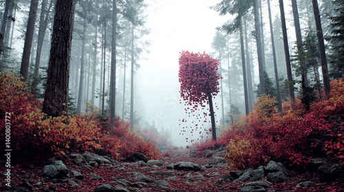 Obraz na płótnie Glitch tree shedding red cubes in misty woodland exploring defragmentation and digital decay of ecosystem w salonie