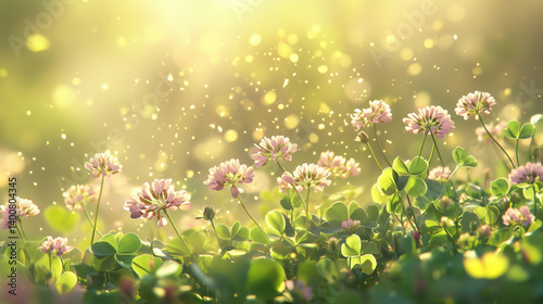 Flowering clover with pollen clouds in meadow

