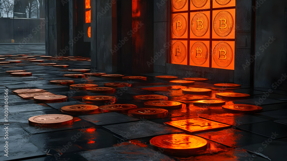 Scattered Bronze Coins on Dark Floor Illuminated by Warm Light From Distant Windows Creating a Sense of Wealth and Mystery