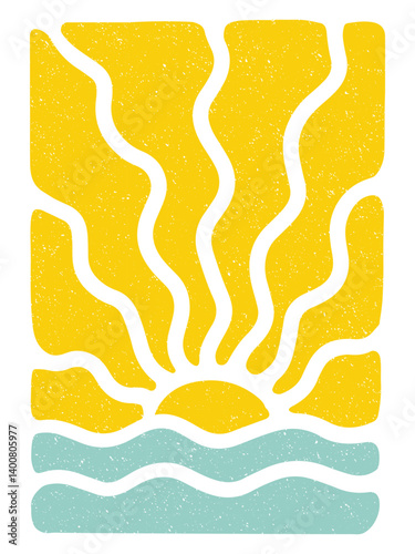 Vintage groovy abstract summer sea waves with wavy sun rays for surf beach print with retro rough texture for graphic tee t shirt or poster sticker. Vector