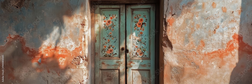 Rustic double doors with weathered paint and aged wall texture. Rustic double doors with weathered paint and aged wall texture.