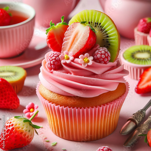 Delicious Strawberry Cupcake with Pink Frosting and Fresh Fruit Topping