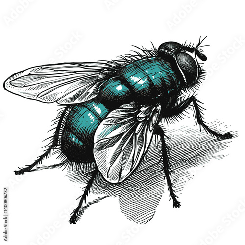 Blue Bottle Fly line art drawing ink sketch bee vector hand drawn illustration background