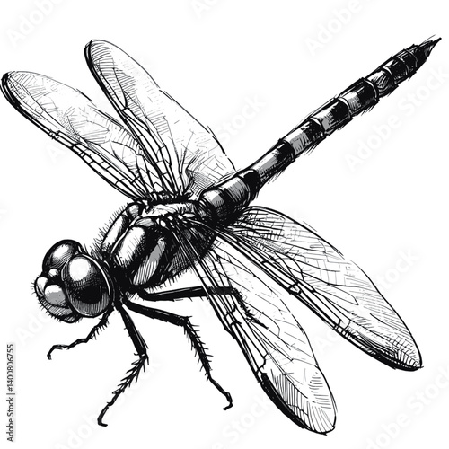Blue Dasher line art drawing ink sketch bee vector hand drawn illustration background dragonfly