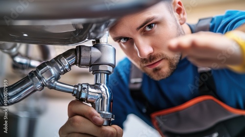 Plumber tightening pipes under a sink. Featuring problem-solving and skill