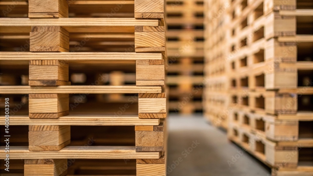 Stacks of wooden pallets in a warehouse setting, showcasing their structure and arrangement. Stacks of wooden pallets in a warehouse setting, showcasing their structure and arrangement.