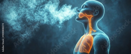 Human Body Showing Respiratory System Exhaling Cloud Of Vapor