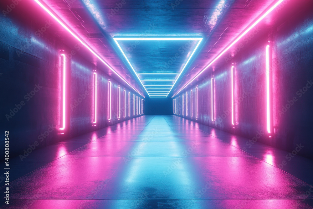 A long corridor lit by neon lights, casting a vibrant and futuristic glow on the walls and floor, creating a sense of mystery and anticipation. A long corridor lit by neon lights, casting a vibrant and futuristic glow on the walls and floor, creating a sense of mystery and anticipation.