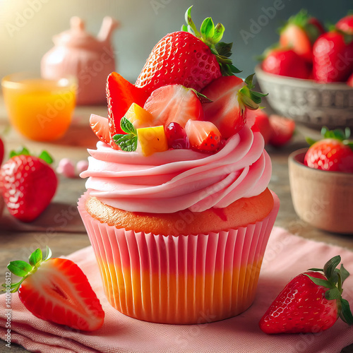 Delicious Strawberry Cupcake with Pink Frosting and Fresh Fruit Topping