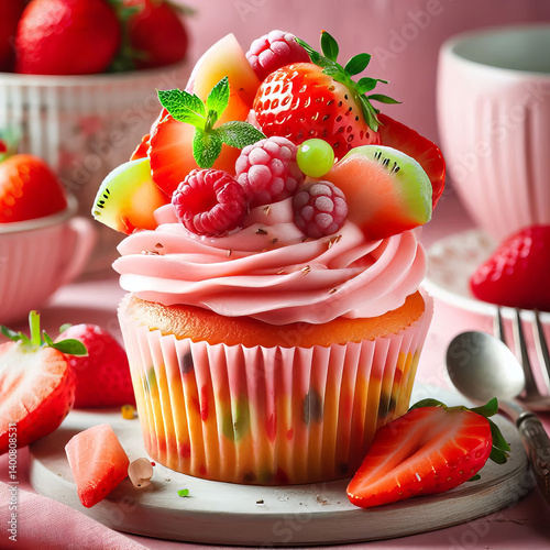Delicious Strawberry Cupcake with Pink Frosting and Fresh Fruit Topping