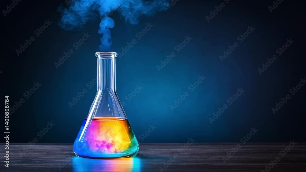 A glass flask filled with colorful liquid emits vibrant smoke against a dark backdrop, showcasing a chemical reaction