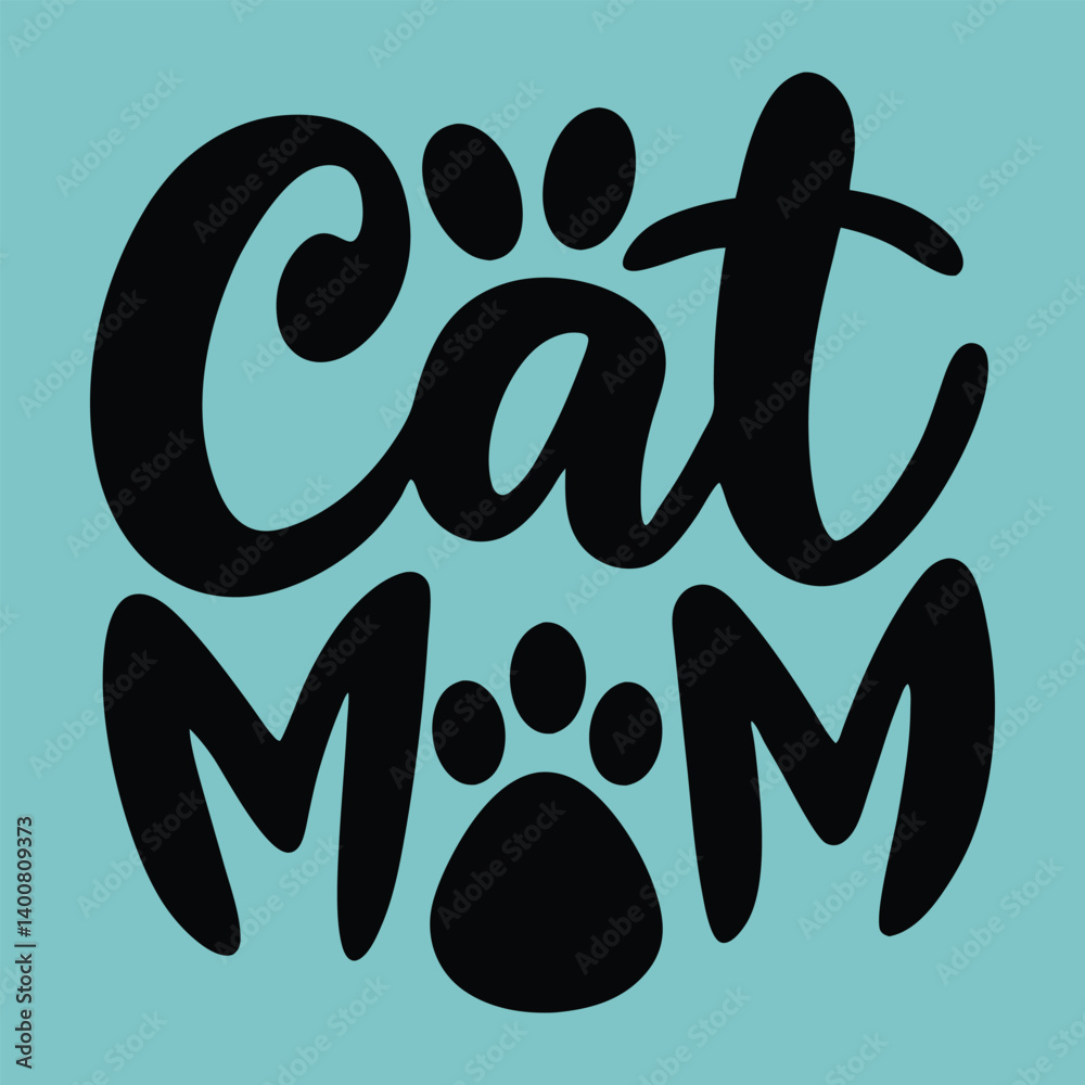 Fototapeta premium Bold handwritten cat mom design featuring paw print accents. Perfect vector graphic for apparel, stickers, pet lovers, and feline-themed merchandise. Ideal for Mother's Day or cat-themed gifts.