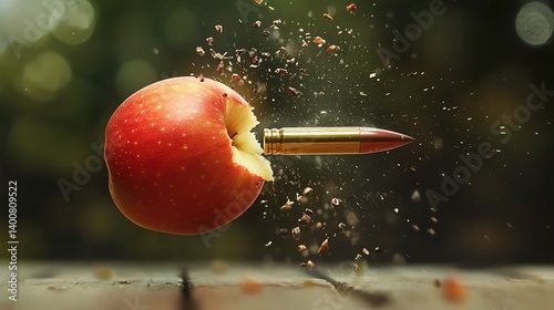 Bullet Piercing Red Apple High Speed Photography in Outdoor Setting