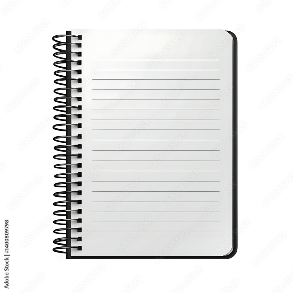 A realistic spiral-bound notepad opened to blank white lined pages on a transparent background showcasing a clean and modern note-taking surface